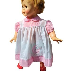 Vtg Cherubs 9 Mo Baby Pink check white Pinafore apron Baby Buggy Applique Dress